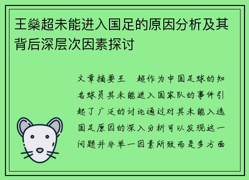 王燊超未能进入国足的原因分析及其背后深层次因素探讨